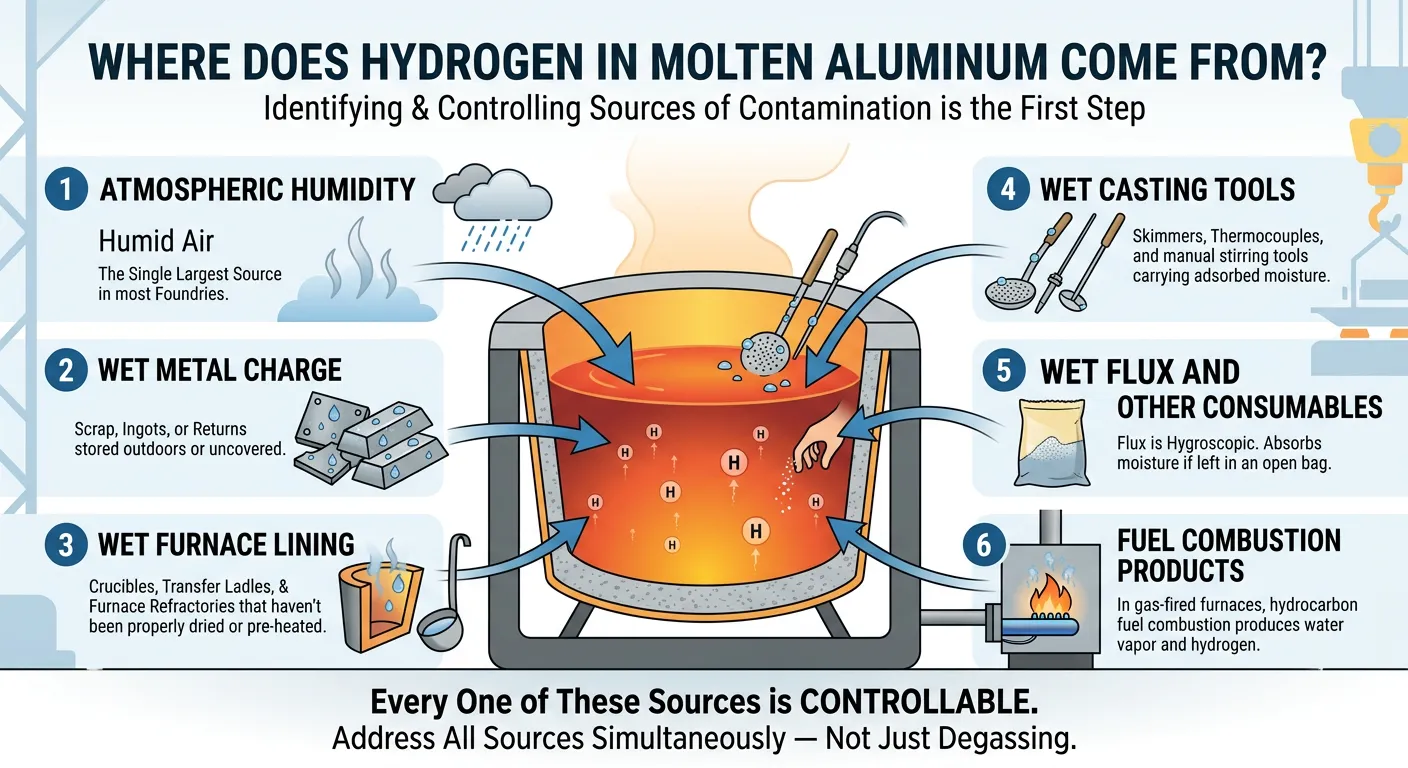 where does hydrogen in molten aluminum come from